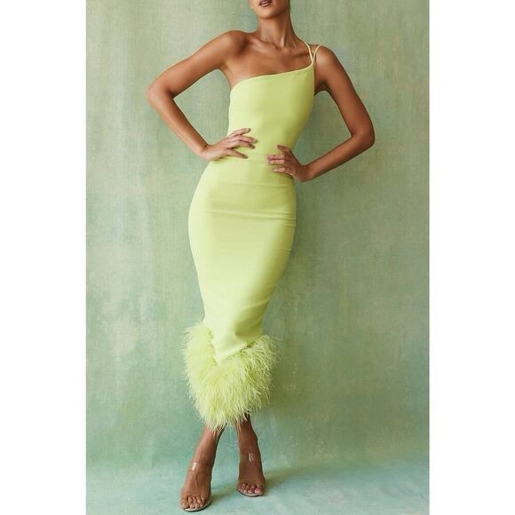 NWT House of CB Alessia Lime midi feathers trim bodycon asymmetric sz Large - Picture 1 of 13